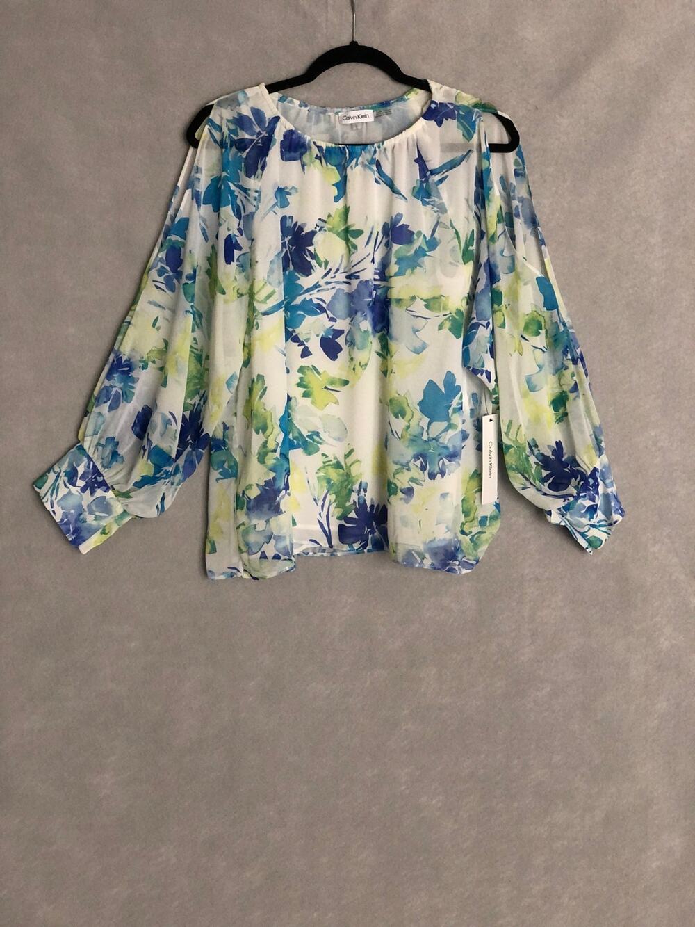Calvin Klein Chiffon Top Floral Cold Shoulder Long Sleeve Women's Large NEW